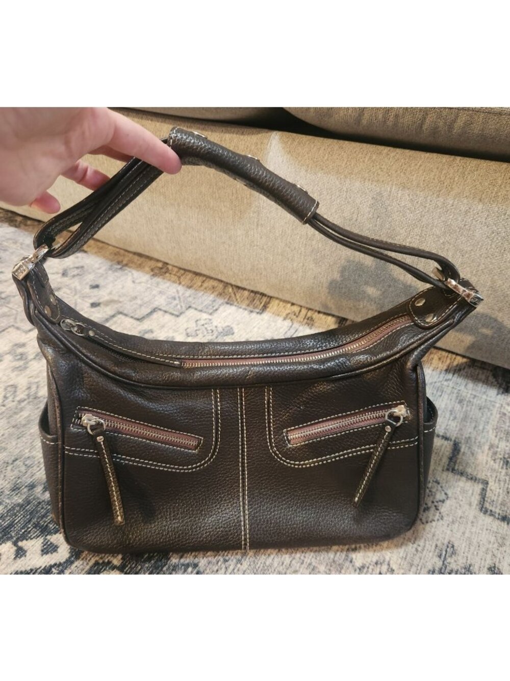 Tod's Brown Leather Logo Embossed Shoulder Bag Silver Hardware
